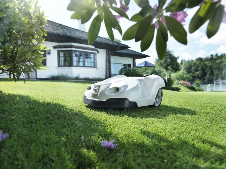 Bild eines Mähroboters, der in einem wunderschönen Garten steht